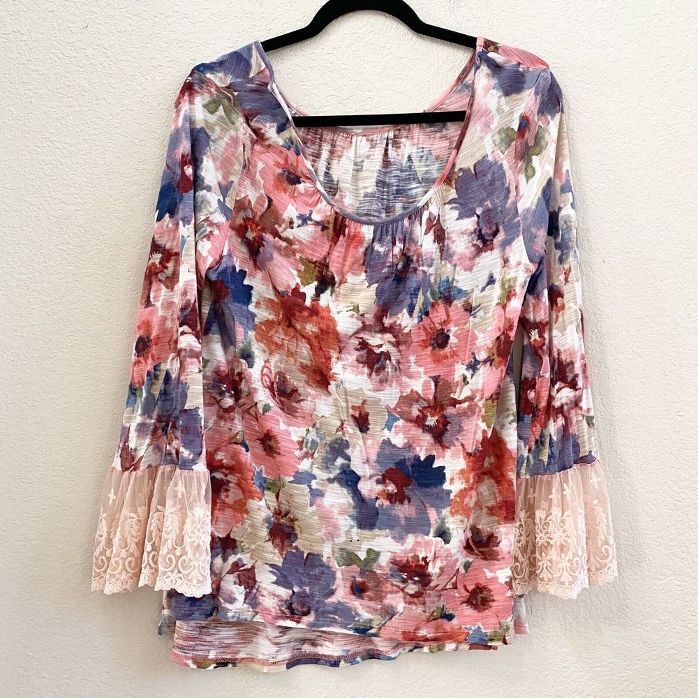 Cupio Top XL Boho Floral Flowy‎ Cottagecore Bell Lace Sleeve Shirt Blouse